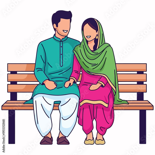 Happy indian couple in traditional punjabi clothes sitting on bench