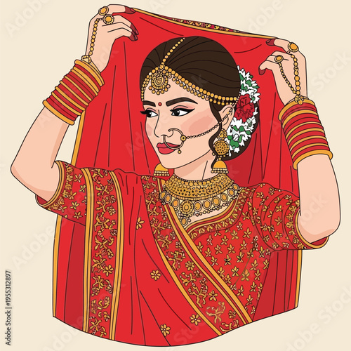 Beautiful indian bride in red wedding dress with gold jewelry and veil