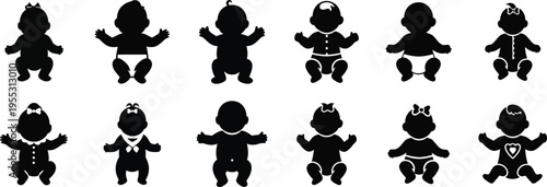 Collection of 10 black silhouette characters with various outfits and poses