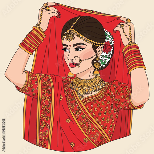 Beautiful indian bride in red wedding dress with gold jewelry and veil