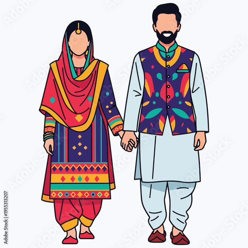 Indian couple holding hands in colorful traditional punjabi outfits