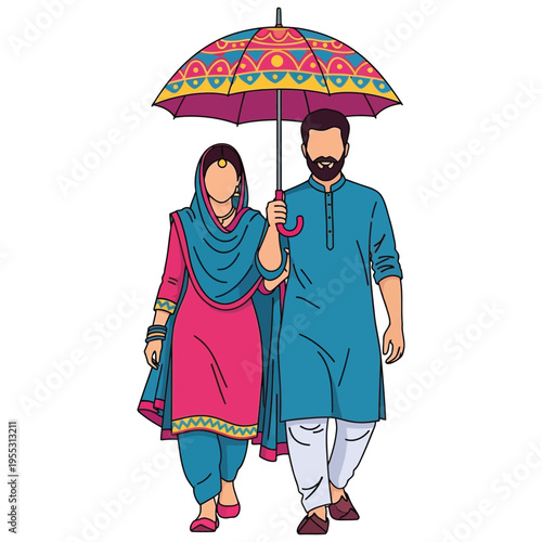 Indian couple walking under umbrella in traditional punjabi clothes