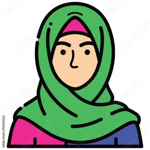 Muslim woman avatar with green hijab and pink headscarf on plain white background