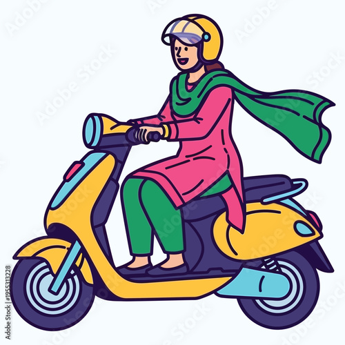 Woman riding scooter wearing traditional punjabi dress and helmet