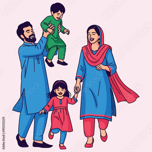 Happy pakistani family walking together in traditional blue and pink salwar kameez outfits