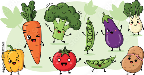Cute cartoon vegetable characters collection with carrot broccoli tomato eggplant pepper peas potato and radish kawaii vector illustration set
