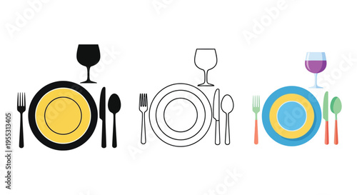 Table setting variations depicted with colorful and black silhouettes