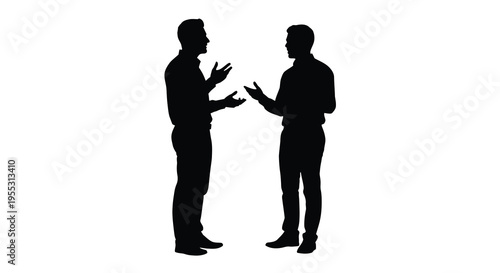 Two men engaged in conversation gesturing with hands silhouette