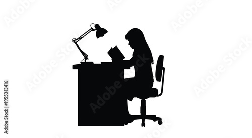 A young woman studies at a desk with a lamp a striking silhouette