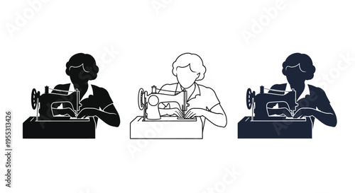 Woman operating a vintage sewing machine in a dark silhouette