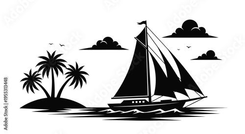 Tropical island scene with a sailing ship presented as a silhouette
