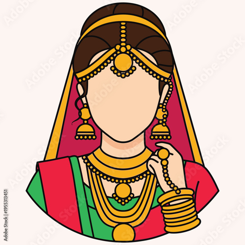 Indian bride wearing traditional bridal dress and gold jewelry, a beautiful woman dressed in culture outfit