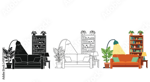 Living room depictions progressing from dark silhouette to full color