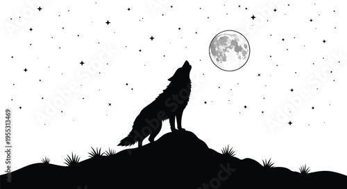 A howling wolf stands on a hill under a starry night sky silhouette