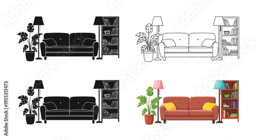 Four variations of a living room furniture arrangement silhouette
