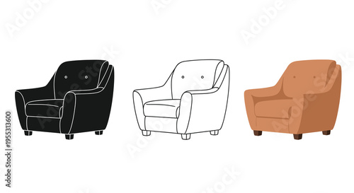 Three armchair variations black white outline and brown a silhouette
