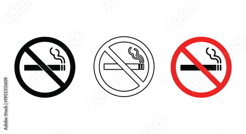 Three variations of a no smoking symbol in different colors silhouette