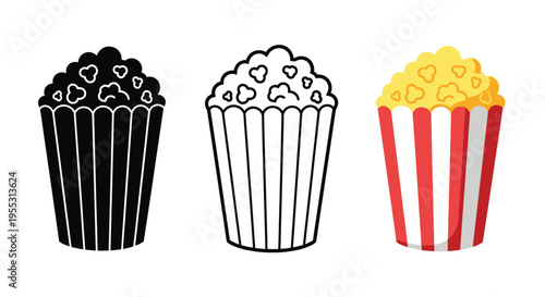 Three popcorn containers in varying styles including a dark silhouette