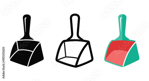 Three dustpans in varying styles including a dark silhouette