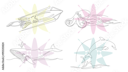 Minimalist Single Line Art Collection of Marine Animals: Squid, Octopus, Whale, and Dolphin Illustrations