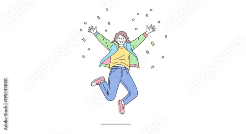 Young woman jumping with joyful expression.
