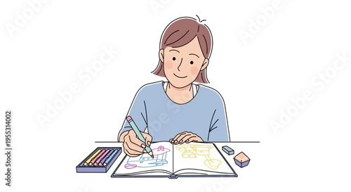 Woman coloring with crayons book.
