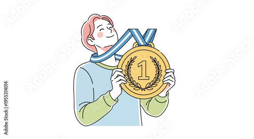 Man holding gold medal with number one.