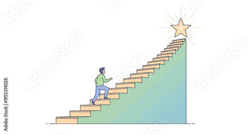 Man climbing stairs to success star.