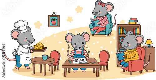 Cute mouse family daily life scenes with cooking reading studying and home activities cartoon vector illustration set
