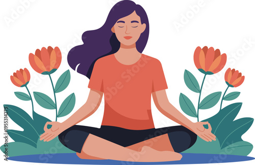 Woman sitting calmly with flower illustration background representing mental wellness yoga lifestyle meditation and selfcare minimal outline vector illustration