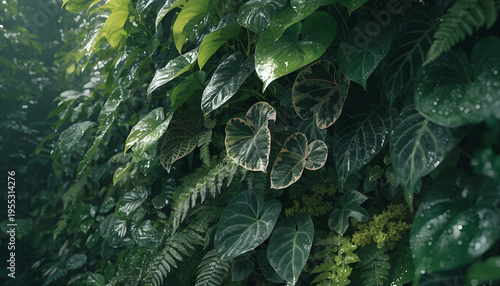 A lush green plant with large leaves covered in water droplets