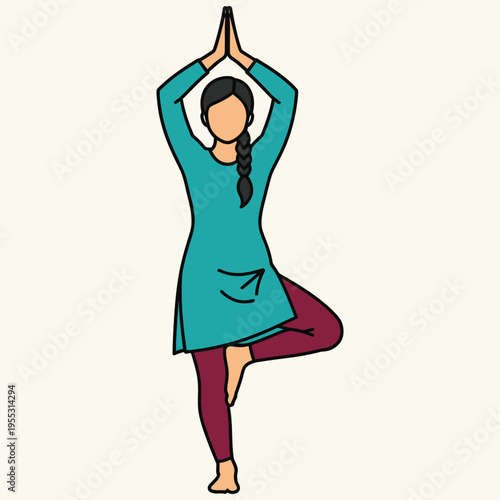 Woman doing yoga tree pose meditation in teal outfit, peaceful yoga practice