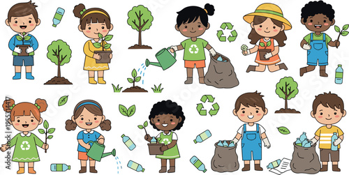 Cute kids planting trees and recycling plastic bottles cartoon vector set eco friendly children environment conservation illustration