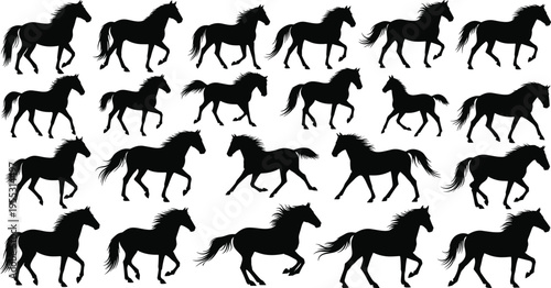 Set of Horse Silhouette Vector Illustrations Featuring Multiple Galloping and Trotting Horses for Equestrian Sports, Ranch Branding, and Western Design Projects