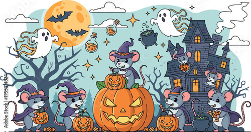 Cute halloween mice characters with pumpkin ghosts haunted house and full moon spooky cartoon vector illustration