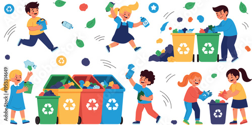 Happy children recycling waste collection activity with colorful bins, eco friendly education concept, kids sorting garbage, environmental awareness vector