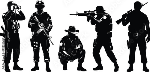 Soldier and special forces silhouette collection isolated on white background, cad drawing flat vector illustration of military tactical security personnel.