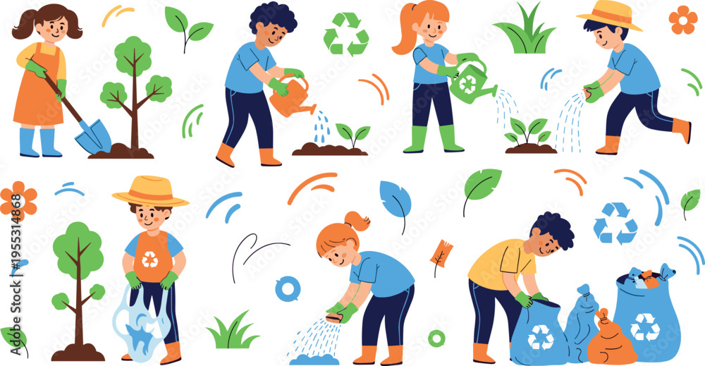 Fototapeta premium People planting trees watering plants and recycling waste cartoon vector set eco friendly gardening and environment protection illustration