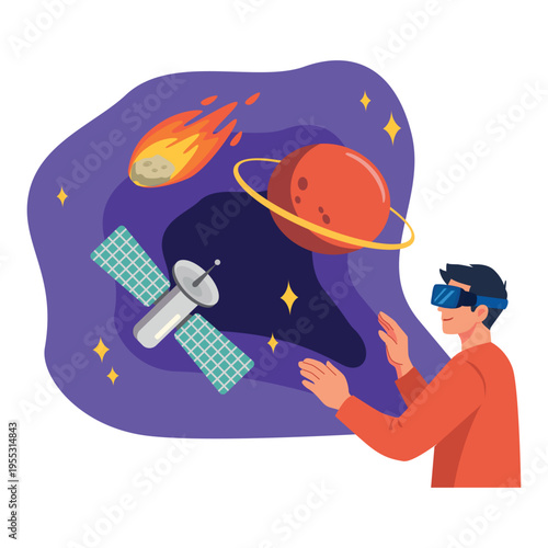 Virtual Reality Learning Education Concept Man Using VR Headset Illustration