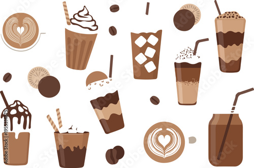 Large collection of coffee and chocolate drinks icons including frappe latte cappuccino and iced beverages set flat vector illustration.