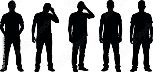 Set of male silhouettes in casual clothing standing in various poses expressing confusion frustration and normal posture on white background