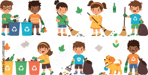 Cartoon kids cleaning environment and sorting recycling waste with bins eco friendly children characters collection vector illustration set