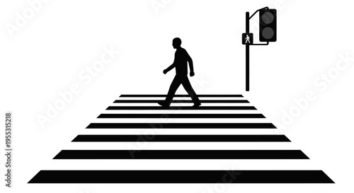 Person crossing street on zebra crossing with traffic light signal on white background