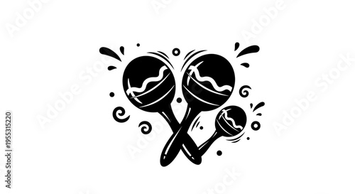 Black and white illustration of maracas with dynamic swirls and splashes on a white background perfect for music and dance concepts