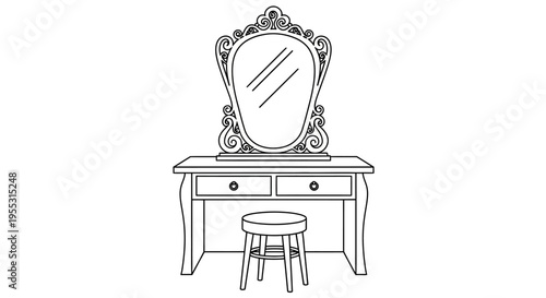 Vintage dressing table with ornate mirror and stool elegant vanity setup for beauty routine