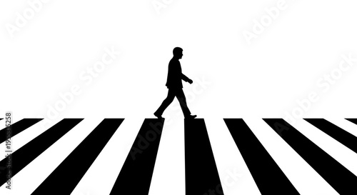 Silhouette of a businessman crossing a black and white pedestrian crossing on a plain background representing daily urban life and movement