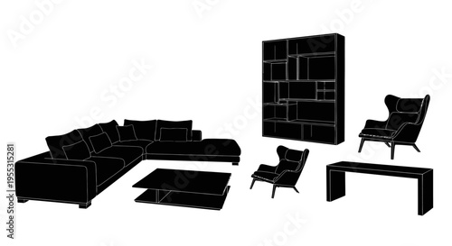 Modern black furniture set with sofa chairs coffee table desk and shelving unit on white background for interior design and decoration ideas