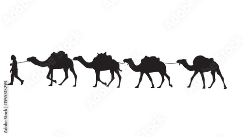Camels caravan with a person walking and leading them across the desert landscape in a silhouetted style.