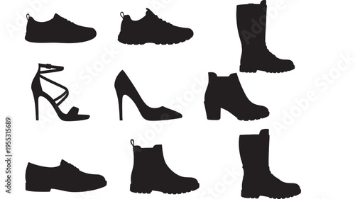Footwear silhouettes of a sneaker, high heel, ankle boot, tall boot, dress shoe, and sandal with different styles for men and women.