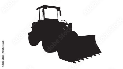 Tractor loader silhouette with a large shovel and cabin structure on a white background, industrial equipment